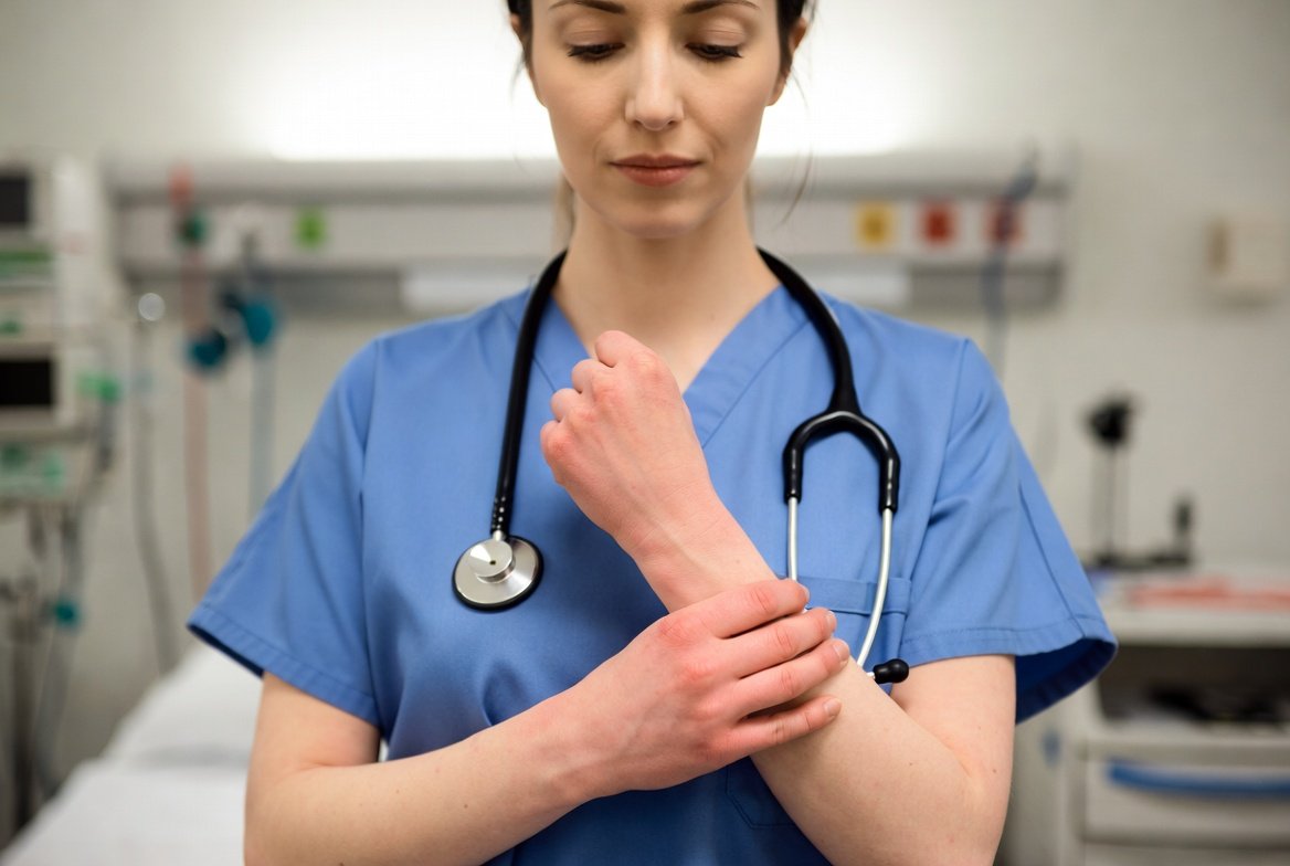 A nurse's wrist showing the toll of constant washing and sanitizer use